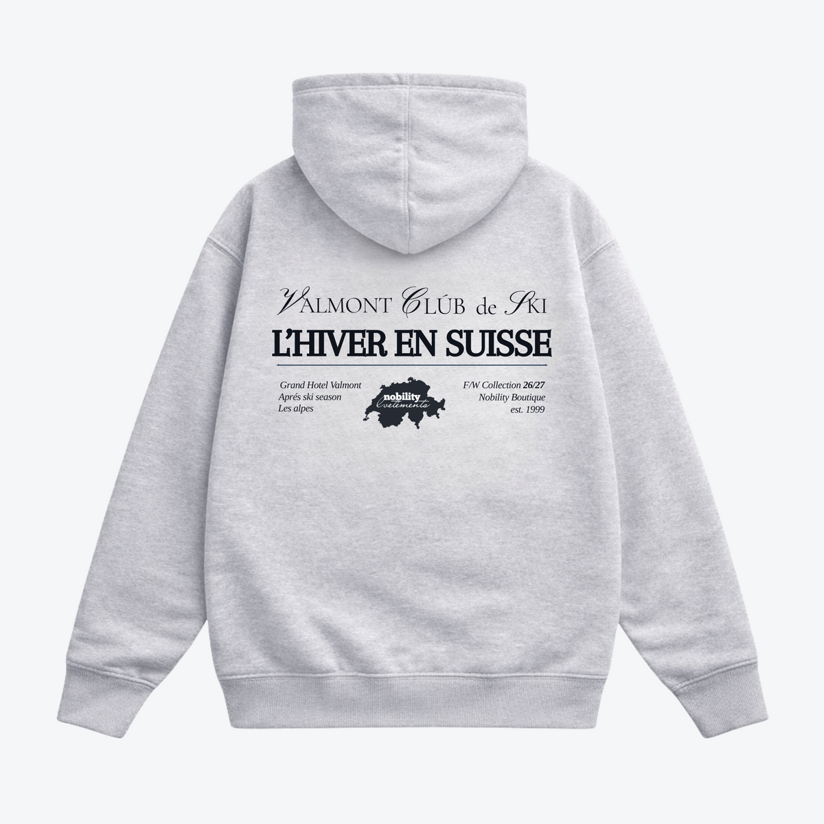 L’Hiver en Suisse Hoodie – Grey, back view