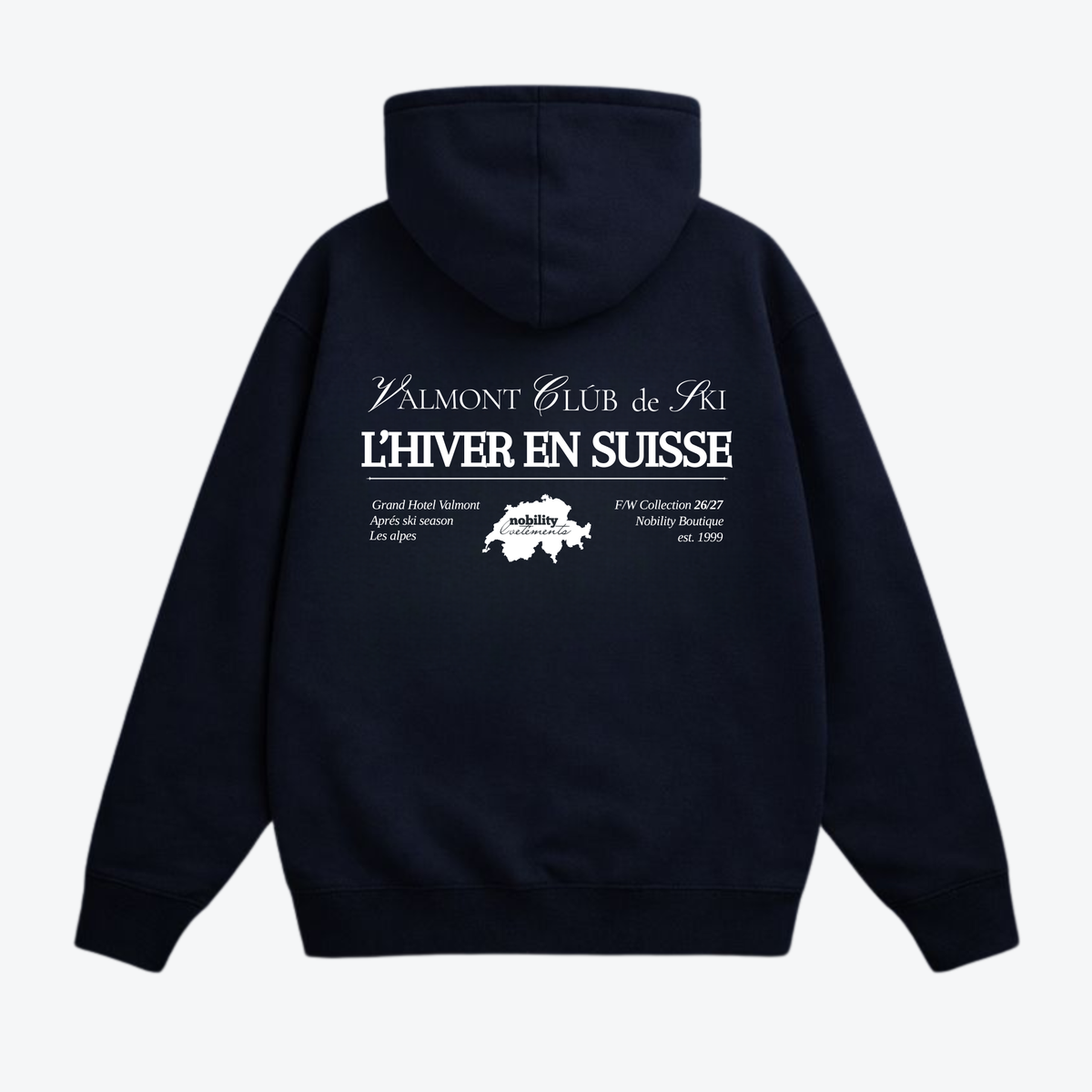 L’Hiver en Suisse Hoodie – Navy, back view