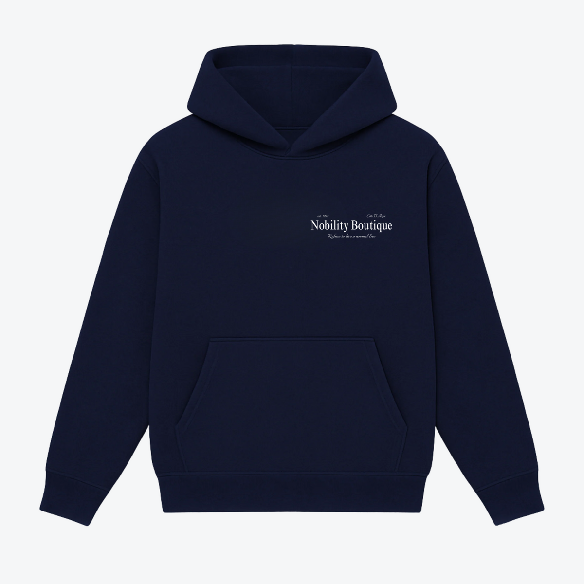 Nobility Boutique Hoodie – Navy, front view
