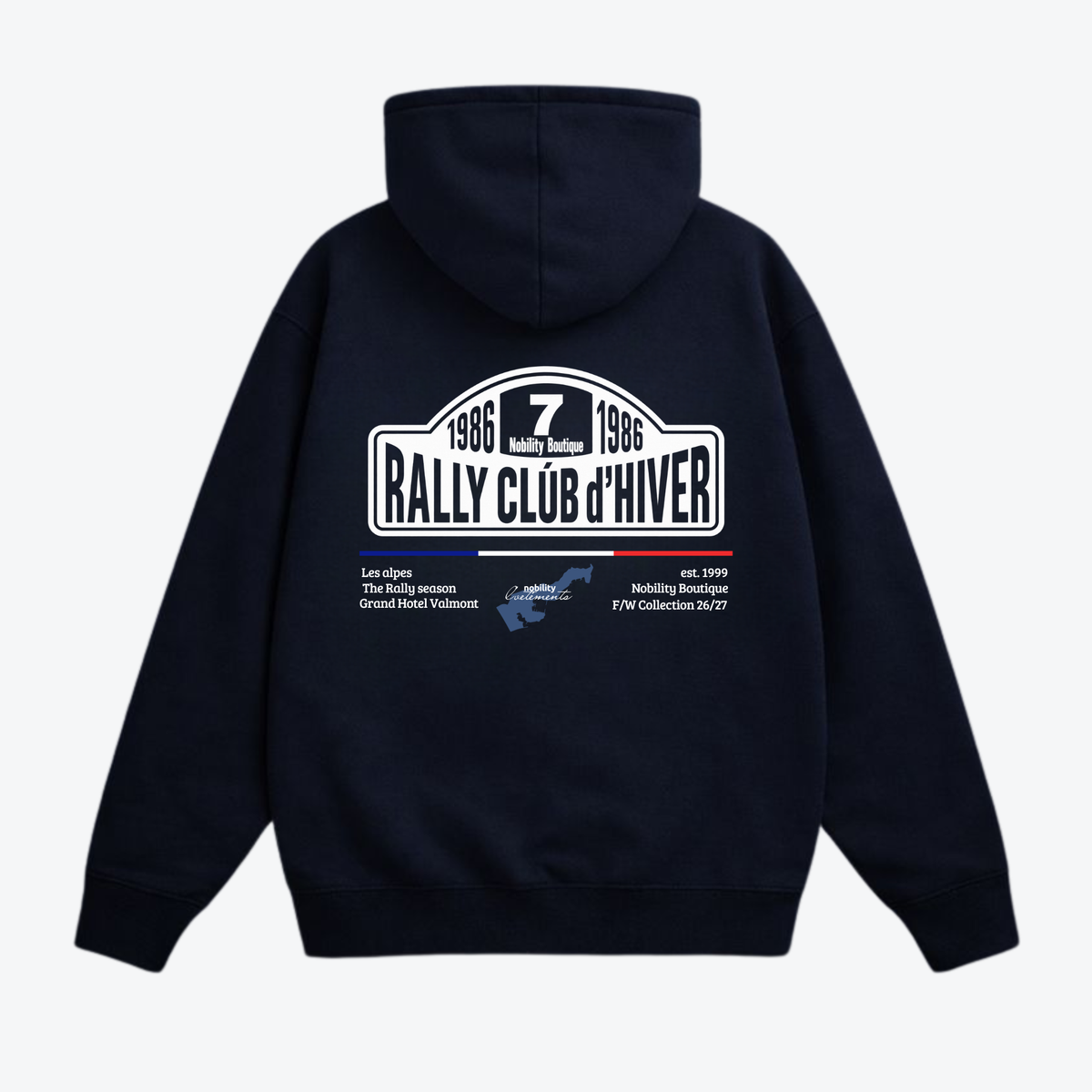 Rallye d’Hiver Hoodie – Navy, back view